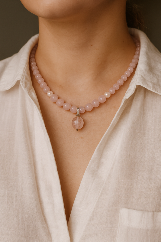 Rose Heart Choker — Rose Quartz, Pearls & Aroma Diffuser Pendant