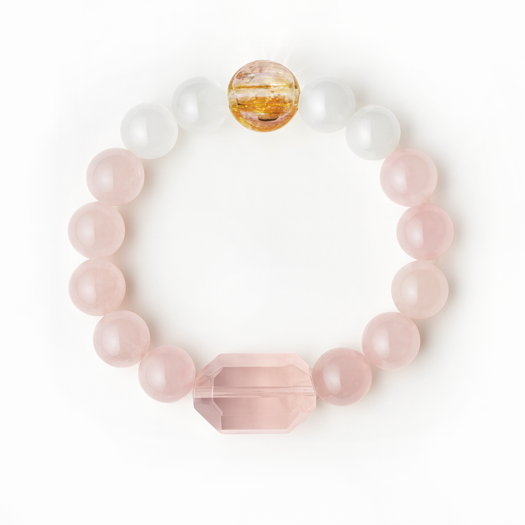 Snowy Rosé Bracelet — Rose Quartz, White Phantom & Hand-Crafted Glass Diffuser Bead