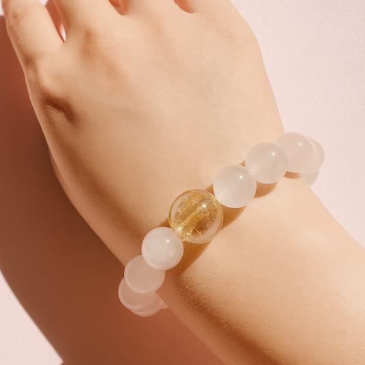 Snowy Rosé Bracelet — Rose Quartz, White Phantom & Hand-Crafted Glass Diffuser Bead