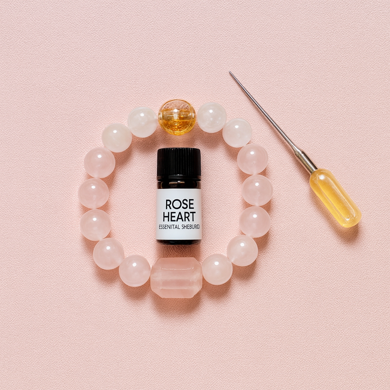 Snowy Rosé Bracelet — Rose Quartz, White Phantom & Hand-Crafted Glass Diffuser Bead