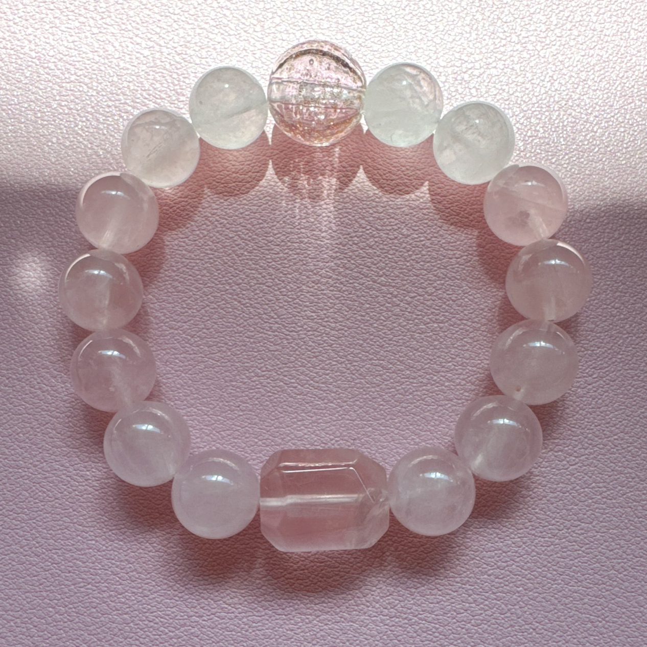Snowy Rosé Bracelet — Rose Quartz, White Phantom & Hand-Crafted Glass Diffuser Bead