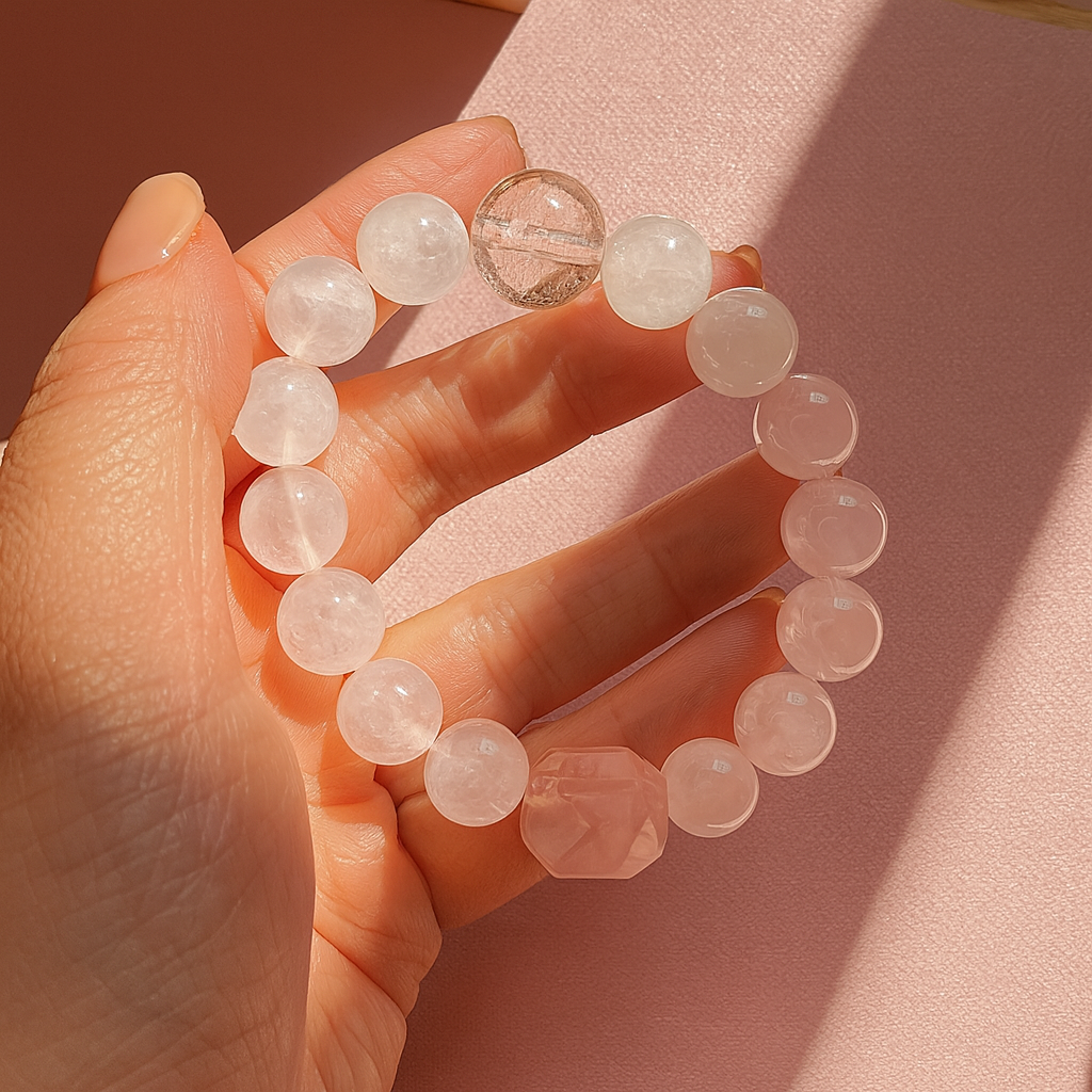 Snowy Rosé Bracelet — Rose Quartz, White Phantom & Hand-Crafted Glass Diffuser Bead