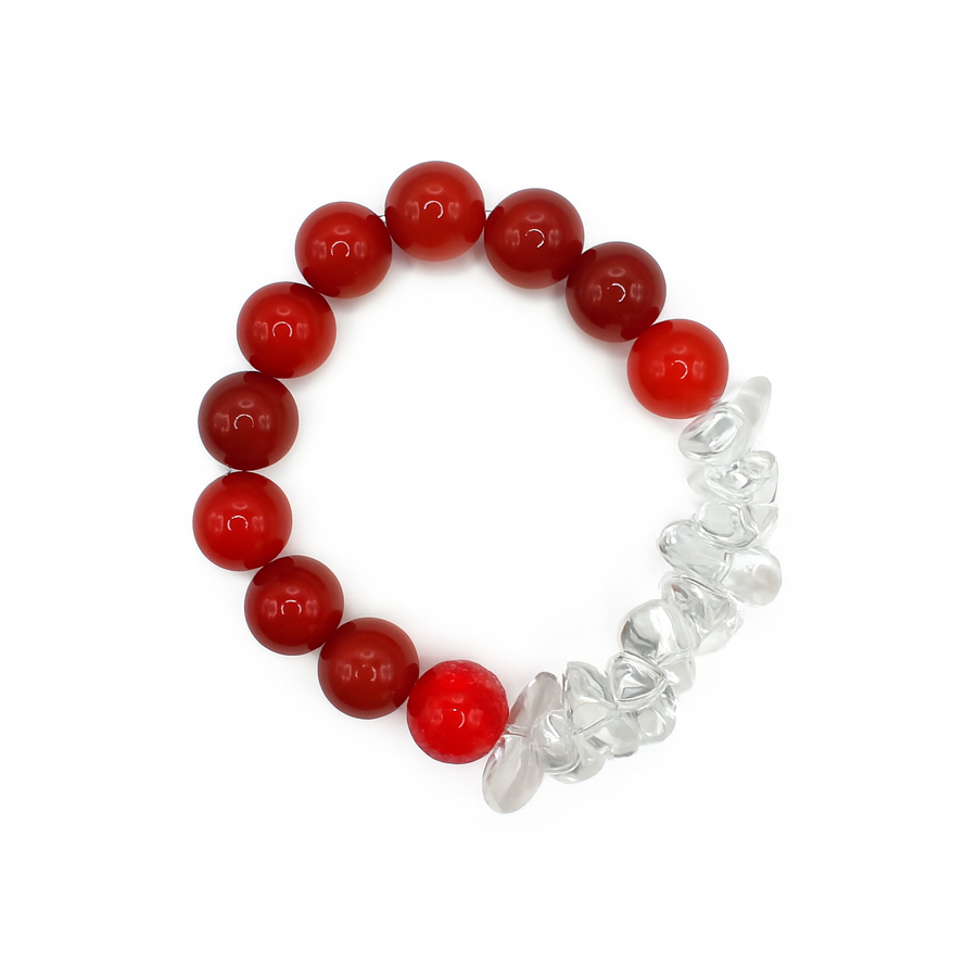 Pulsera Sedona Glow - Ágata roja, cuarzo transparente y cuenta difusora de vidrio rojo soplado a mano