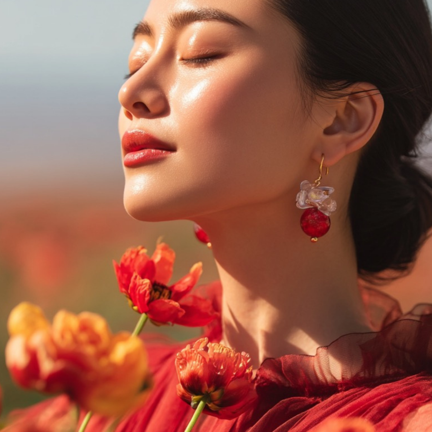 Pendientes difusores Bloomlight — Vidrio rojo y cuarzo blanco | Joyería artesanal de aromaterapia para un brillo interior