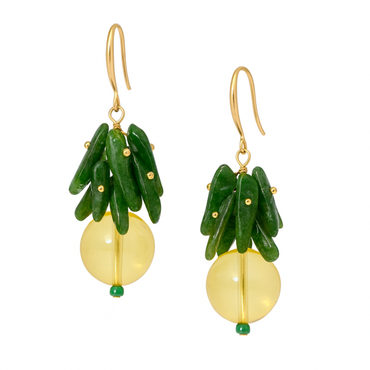 Evergreen Glow Earrings - Green Lithium Pyroxene & Yellow Diffuser Glass Bead