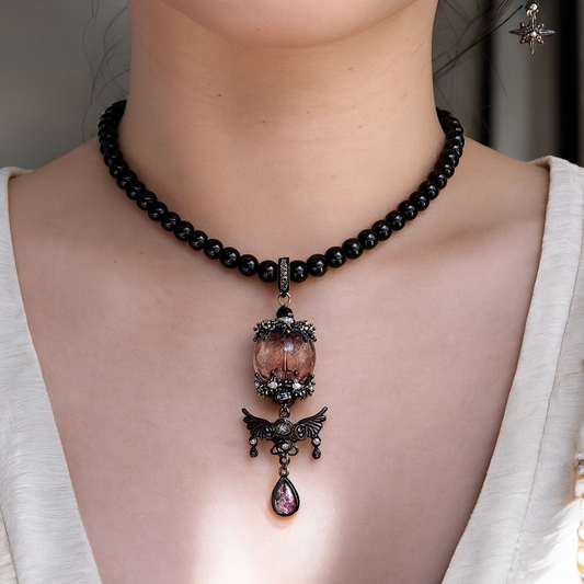 Obsidian Guardian Necklace with Handcrafted Glass Diffuser Bead