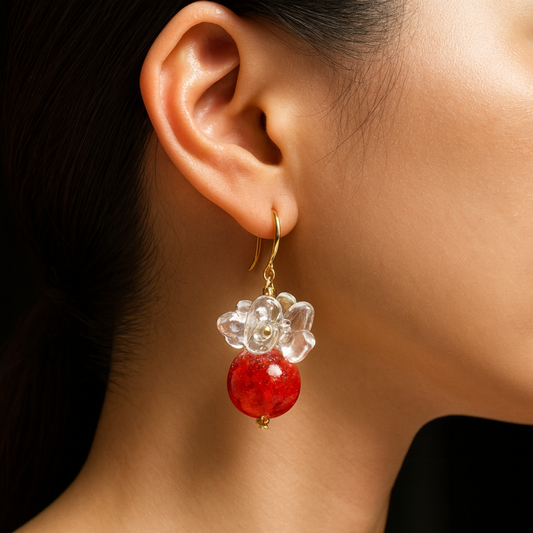 Bloomlight Diffuser Earrings — Red Glass & White Quartz | Handcrafted Aromatherapy Jewelry for Inner Glow