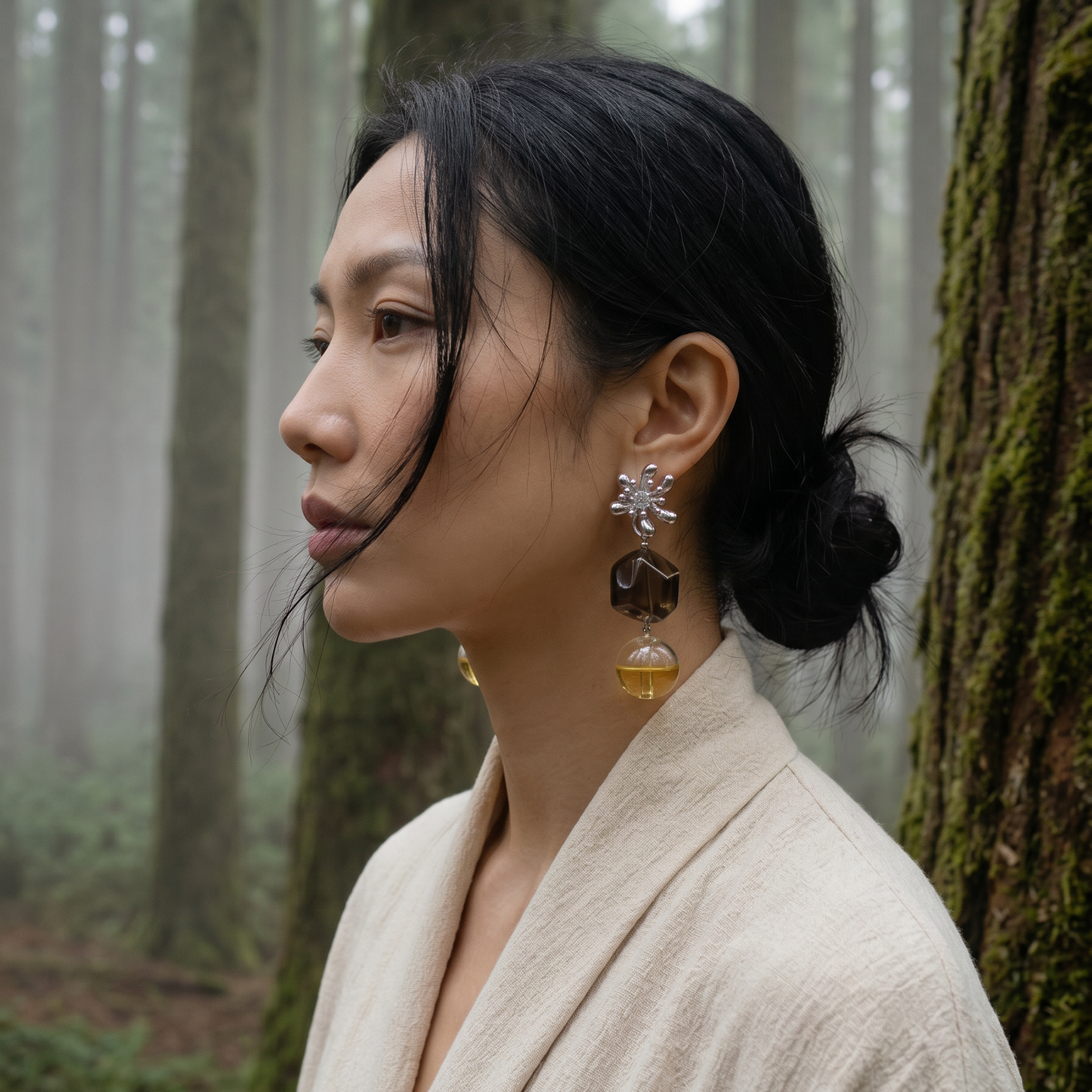 Smoky Blossom Aroma Earrings — Smoky Quartz & Hand-Blown Glass