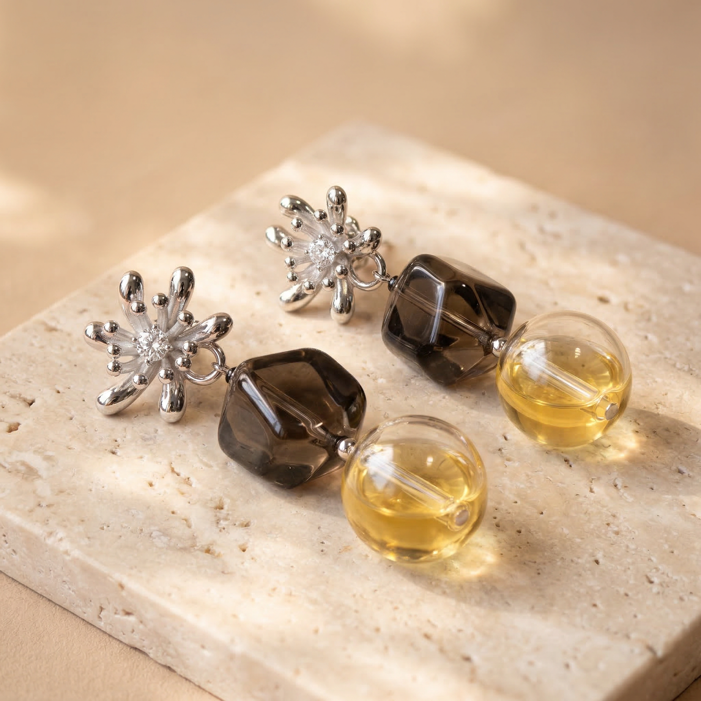 Smoky Blossom Aroma Earrings — Smoky Quartz & Hand-Blown Glass