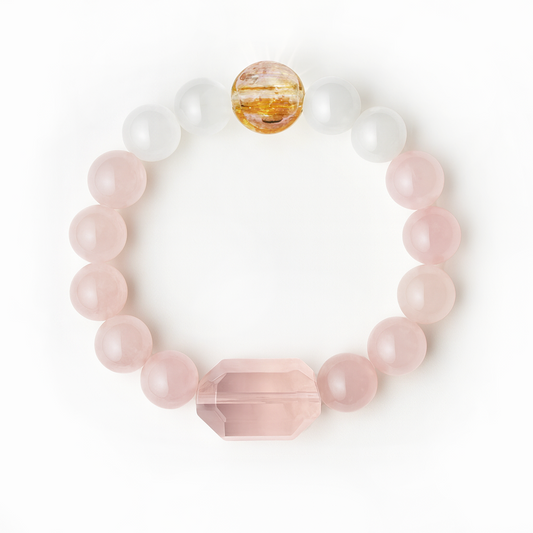 Snowy Rosé Bracelet — Rose Quartz, White Phantom & Hand-Crafted Glass Diffuser Bead