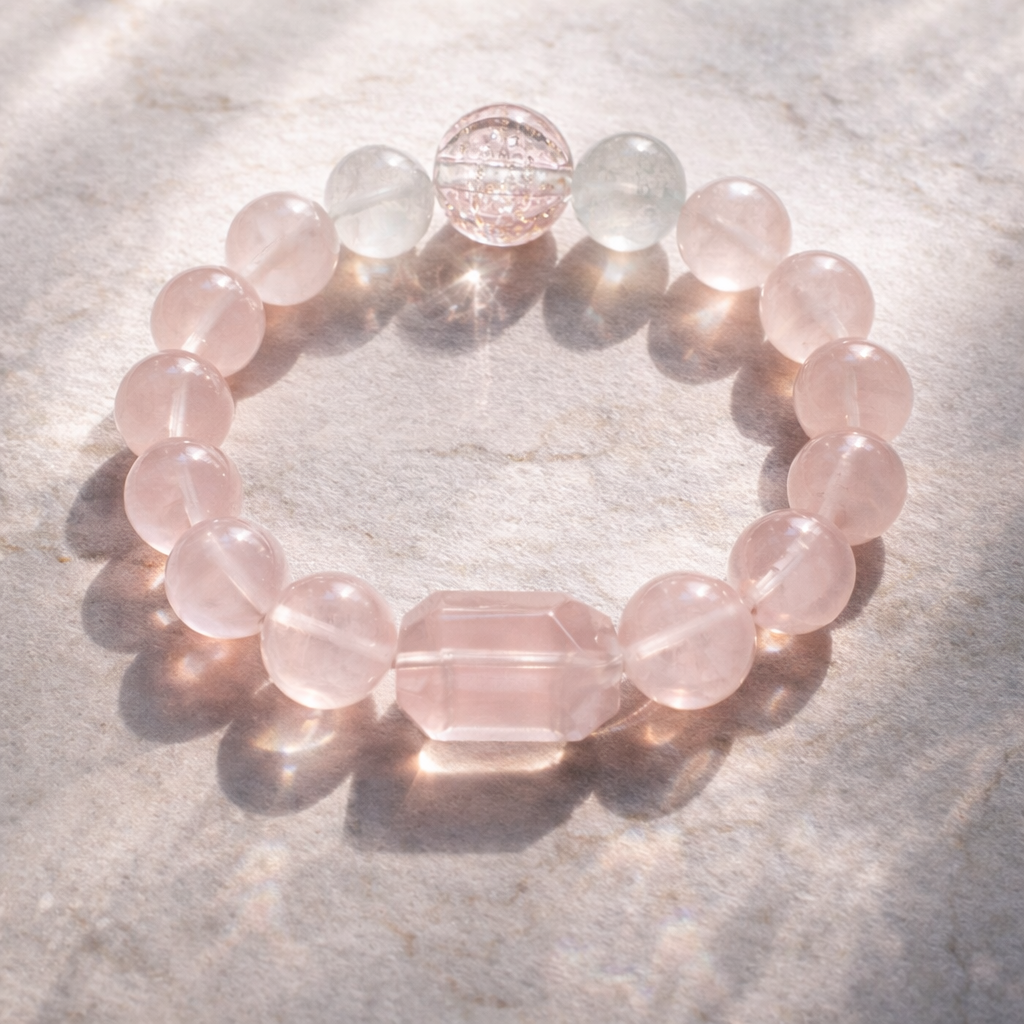 Snowy Rosé 雪之玫瑰手鍊－粉水晶、白色幻影水晶與手工擴香玻璃珠